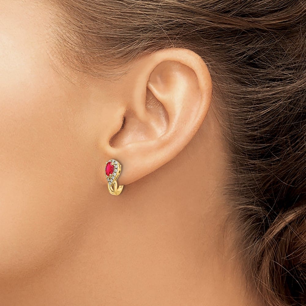 14K Yellow Gold 5x3mm Oval Ruby and Diamond J-Hoop Post Earrings, view 3 of 4