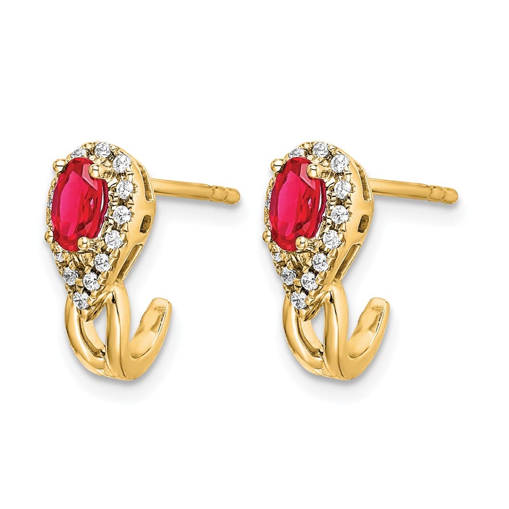 14K Yellow Gold 5x3mm Oval Ruby and Diamond J-Hoop Post Earrings, view 2 of 4