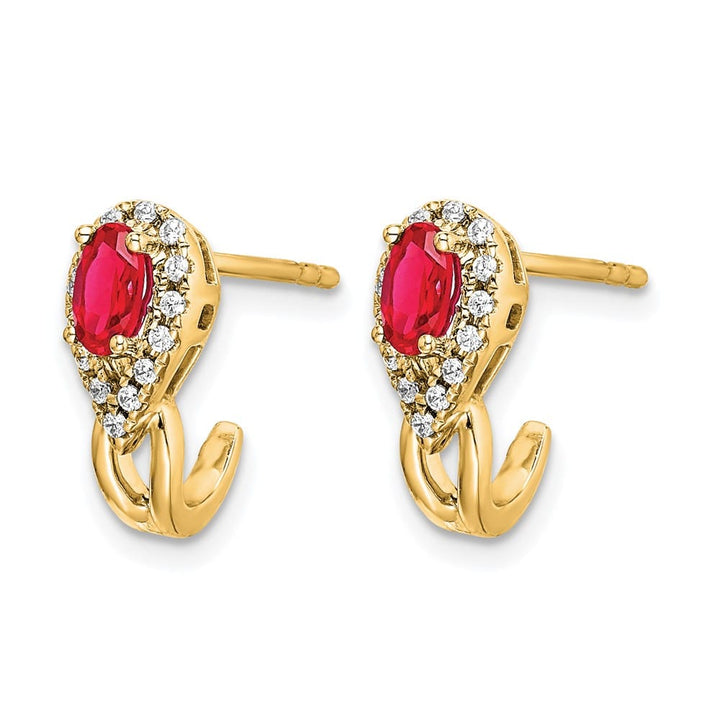 14K Yellow Gold 5x3mm Oval Ruby and Diamond J-Hoop Post Earrings, view 2 of 4