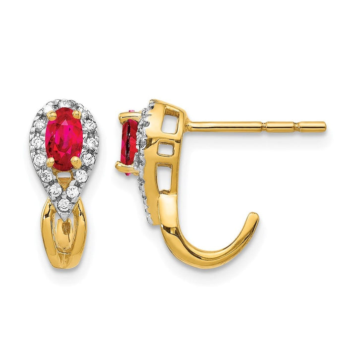 14K Yellow Gold 5x3mm Oval Ruby and Diamond J-Hoop Post Earrings, view 1 of 4