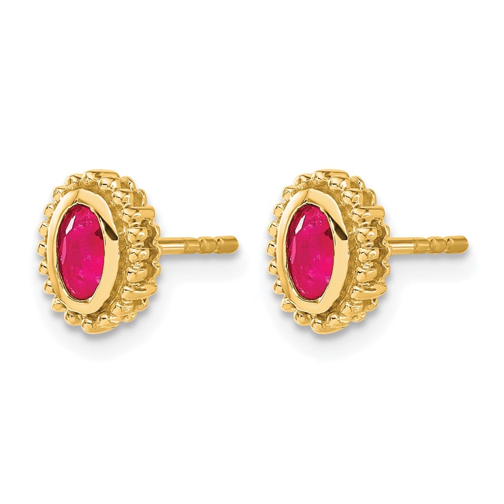 14K Yellow Gold 5x3mm Oval Ruby Post Earrings, view 2 of 4