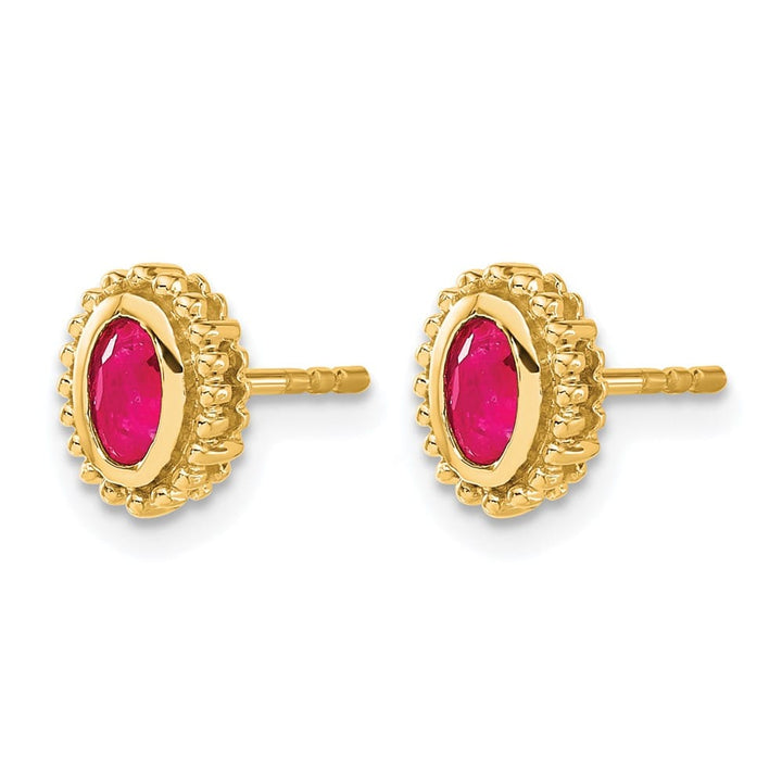 14K Yellow Gold 5x3mm Oval Ruby Post Earrings, view 2 of 4