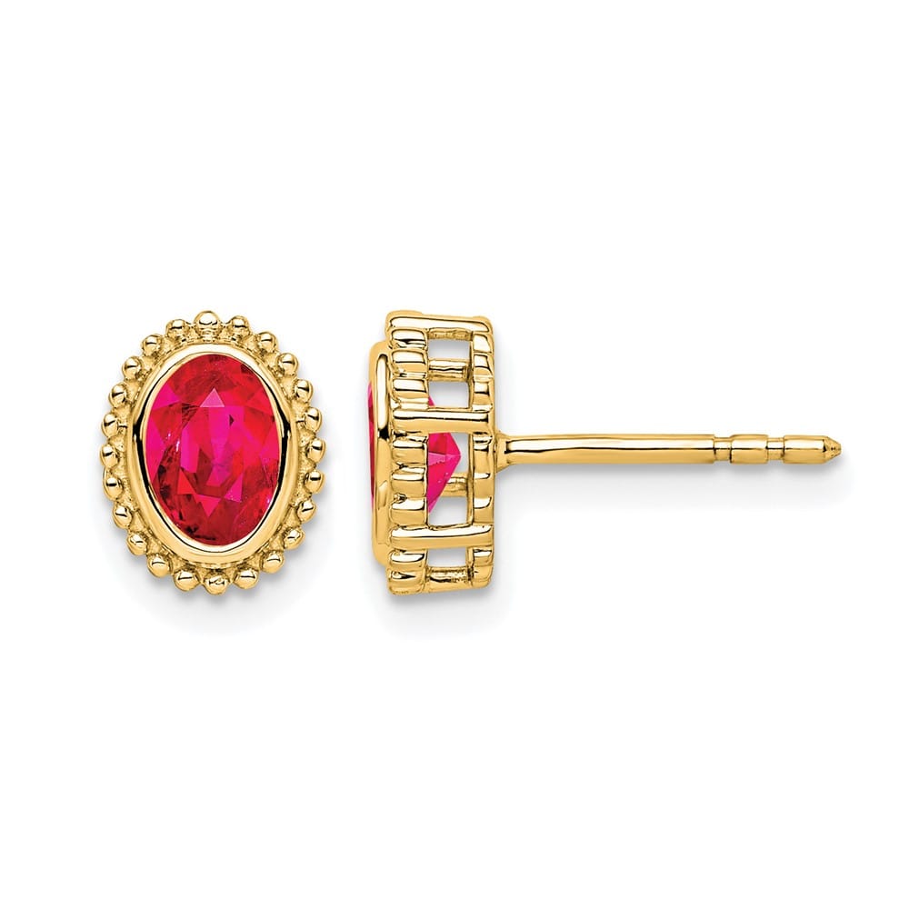 14K Yellow Gold 5x3mm Oval Ruby Post Earrings, view 1 of 4
