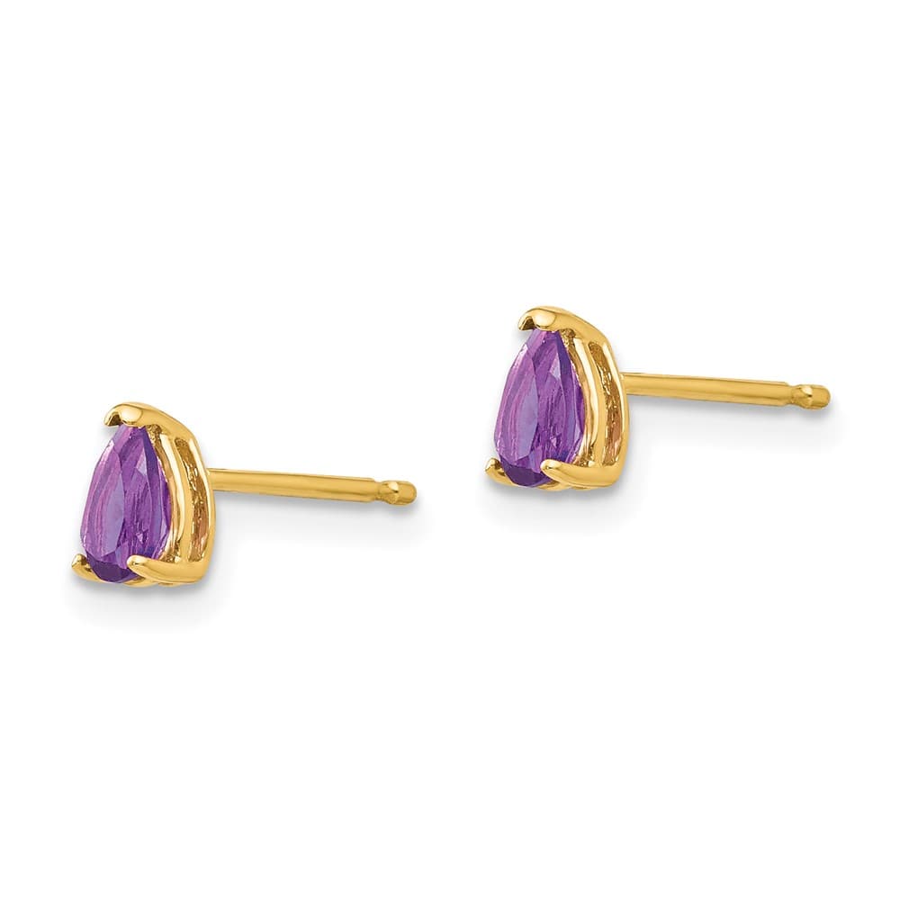 14K Yellow Gold 5x3mm Pear Amethyst Post Earrings, view 2 of 4