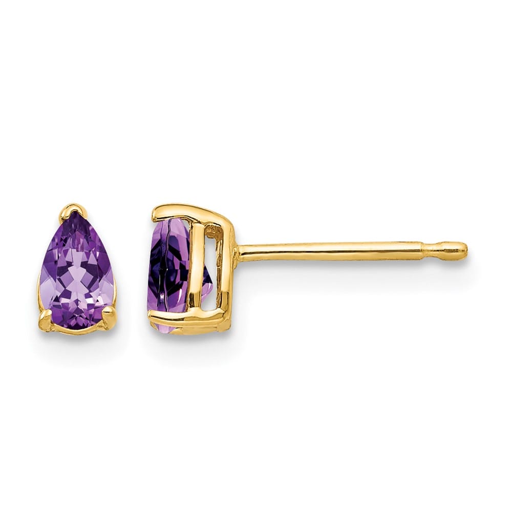 14K Yellow Gold 5x3mm Pear Amethyst Post Earrings, view 1 of 4