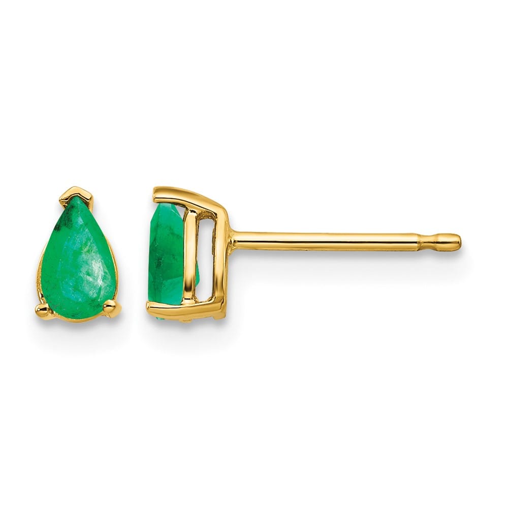 14K Yellow Gold 5x3mm Pear Emerald Post Earrings, view 1 of 4