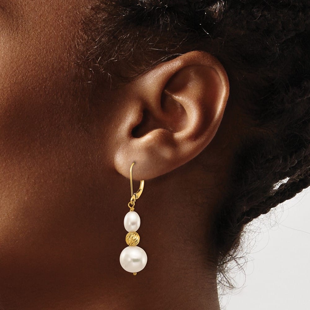 14K Yellow Gold 6-10mm White Round and Rice Freshwater Earrings