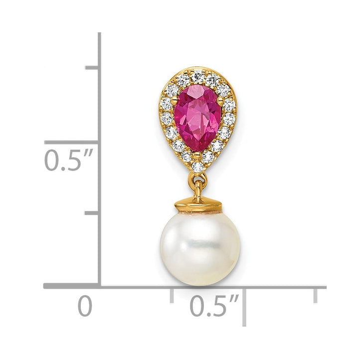 14K Yellow Gold 6.6mm Freshwater Pearl and Ruby Teardrop Chain Slide