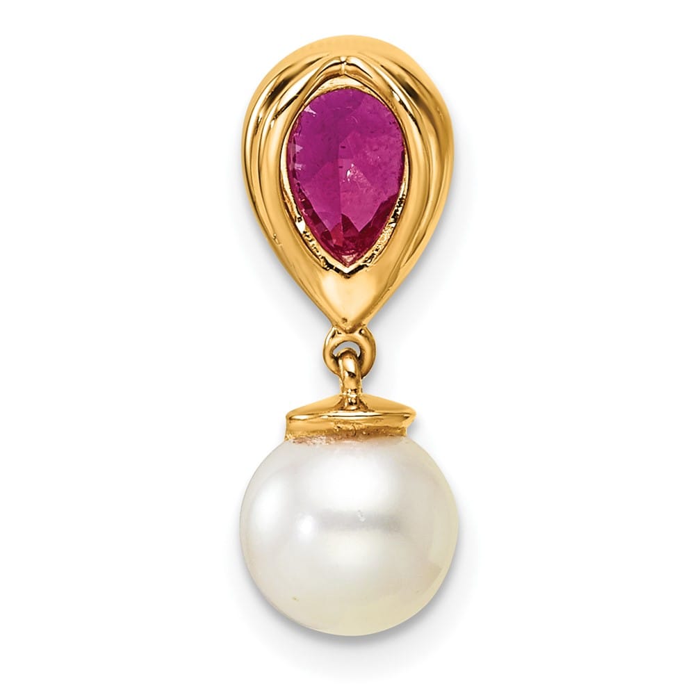14K Yellow Gold 6.6mm Freshwater Pearl and Ruby Teardrop Chain Slide