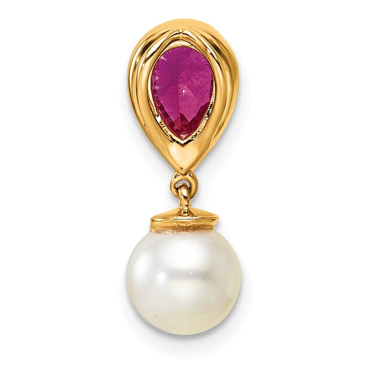 14K Yellow Gold 6.6mm Freshwater Pearl and Ruby Teardrop Chain Slide