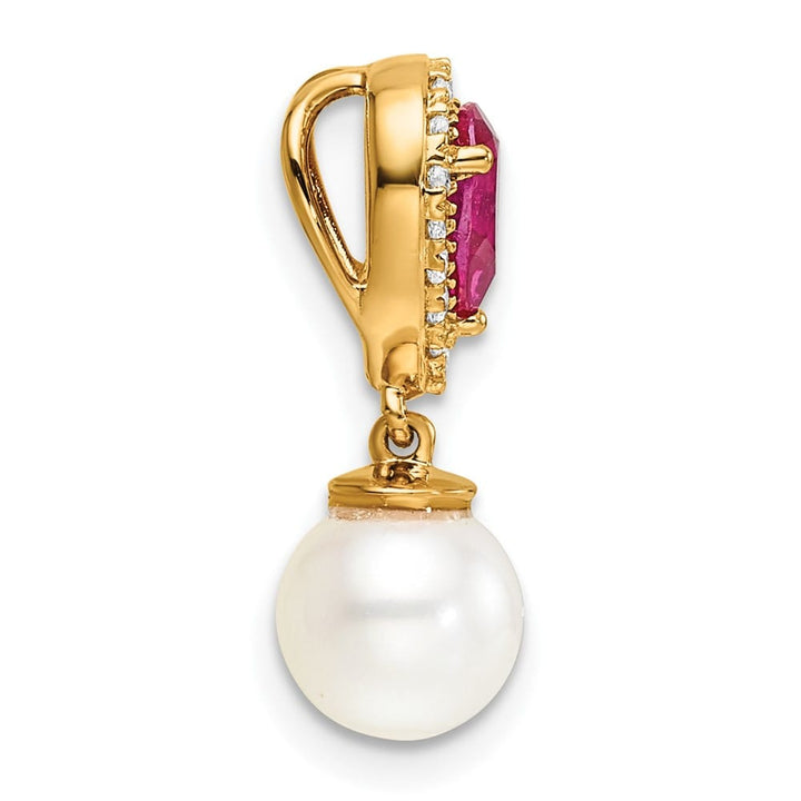 14K Yellow Gold 6.6mm Freshwater Pearl and Ruby Teardrop Chain Slide