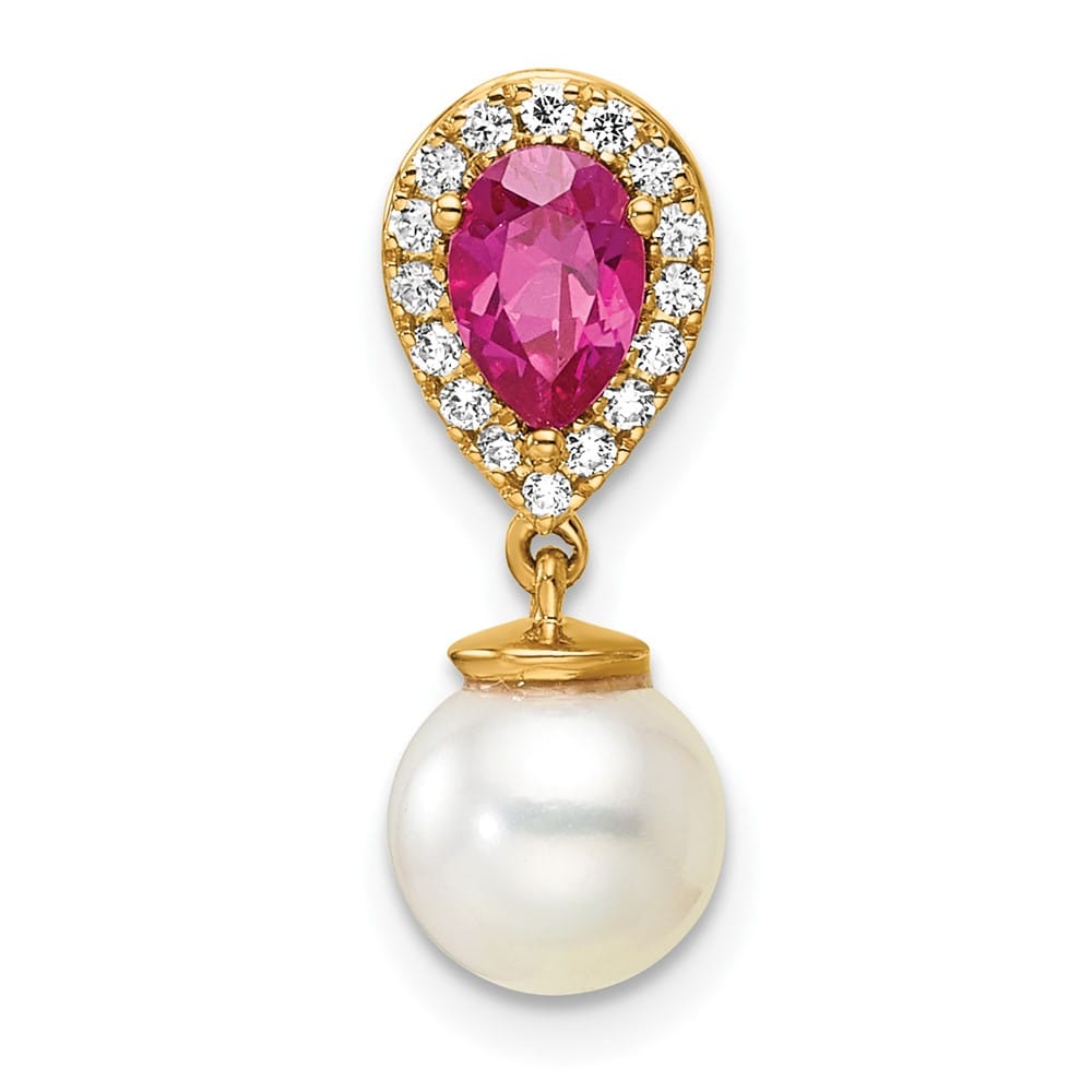 14K Yellow Gold 6.6mm Freshwater Pearl and Ruby Teardrop Chain Slide
