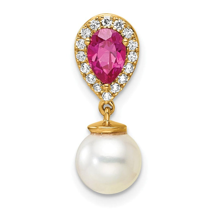 14K Yellow Gold 6.6mm Freshwater Pearl and Ruby Teardrop Chain Slide
