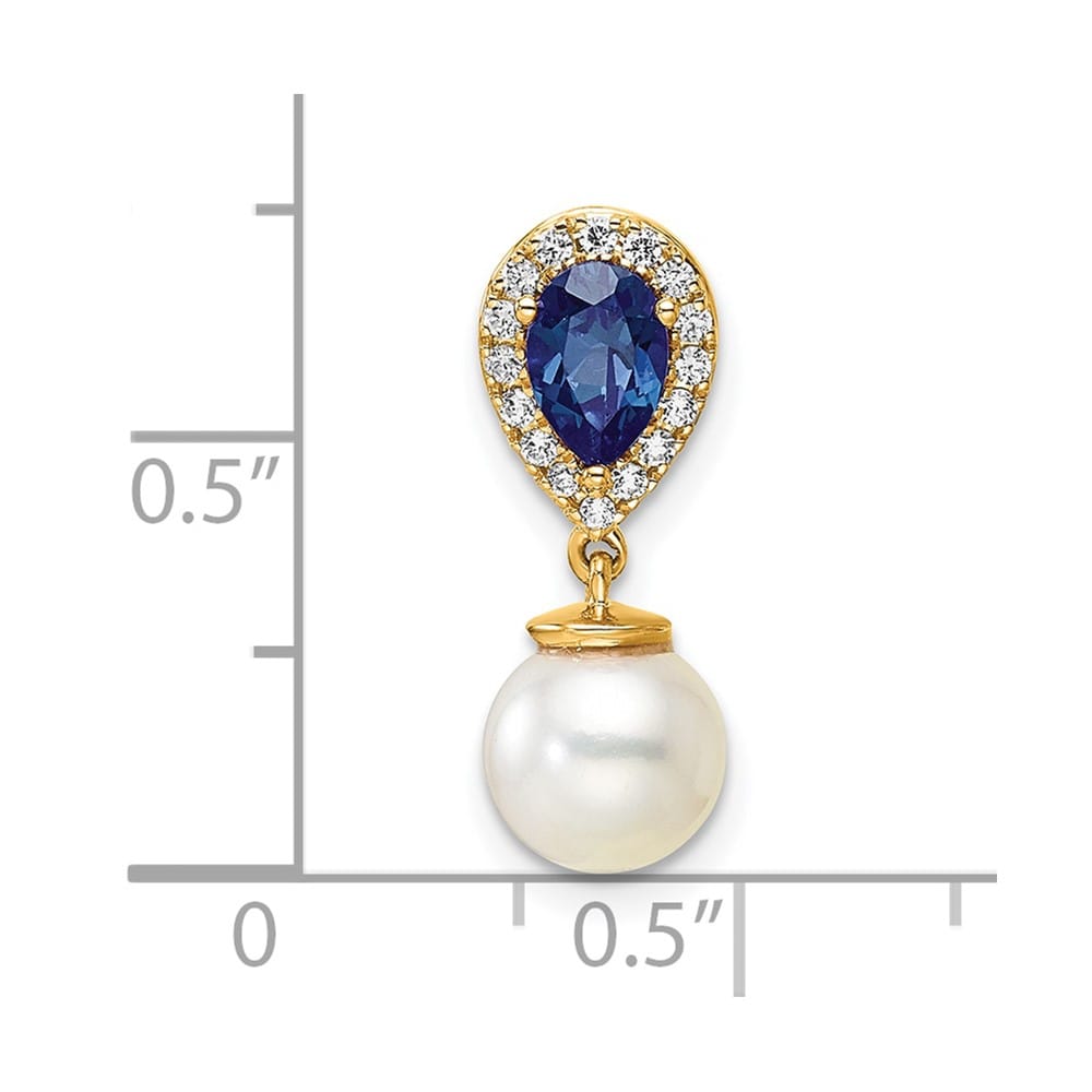 14K Yellow Gold 6.6mm Pearl and Sapphire Teardrop Chain Slide