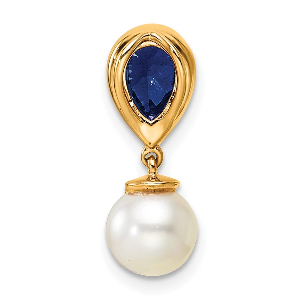14K Yellow Gold 6.6mm Pearl and Sapphire Teardrop Chain Slide