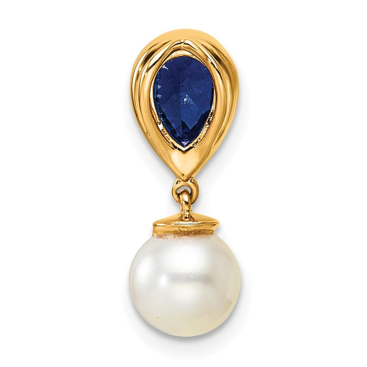 14K Yellow Gold 6.6mm Pearl and Sapphire Teardrop Chain Slide