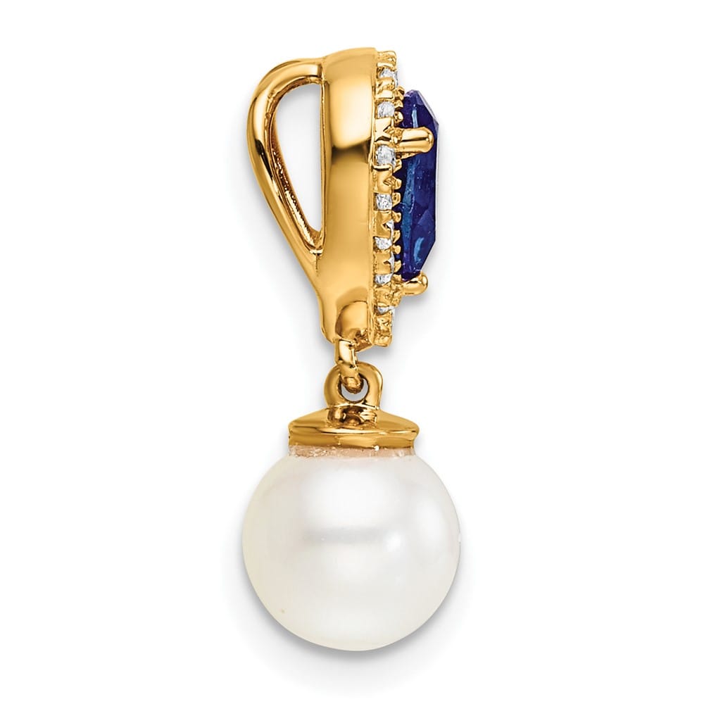 14K Yellow Gold 6.6mm Pearl and Sapphire Teardrop Chain Slide
