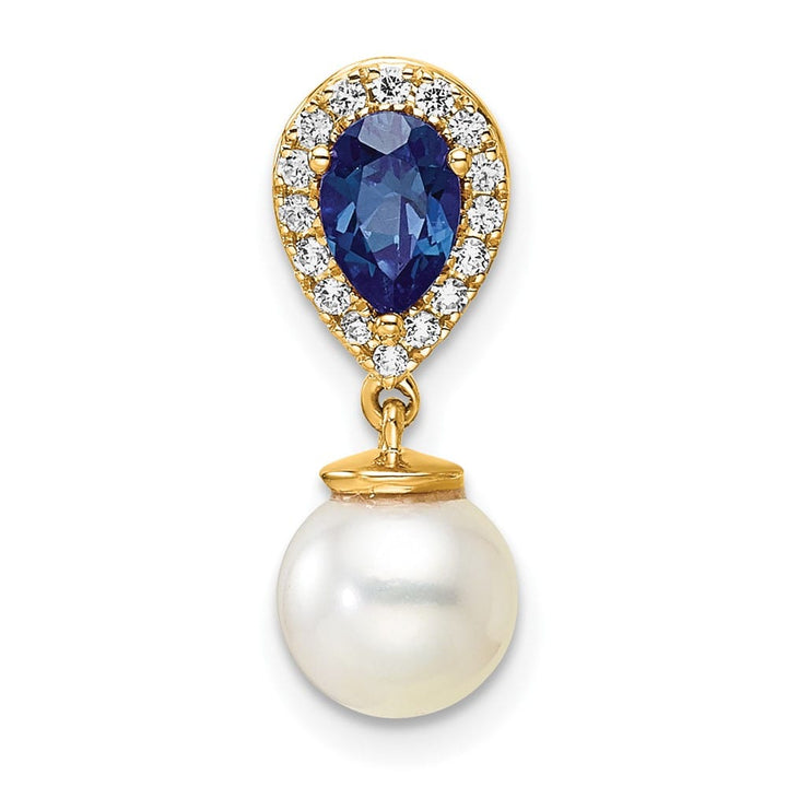 14K Yellow Gold 6.6mm Pearl and Sapphire Teardrop Chain Slide