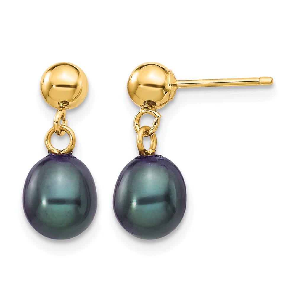 14K Yellow Gold 6-7mm Black Rice Freshwater Pearl Dangle Post Earrings