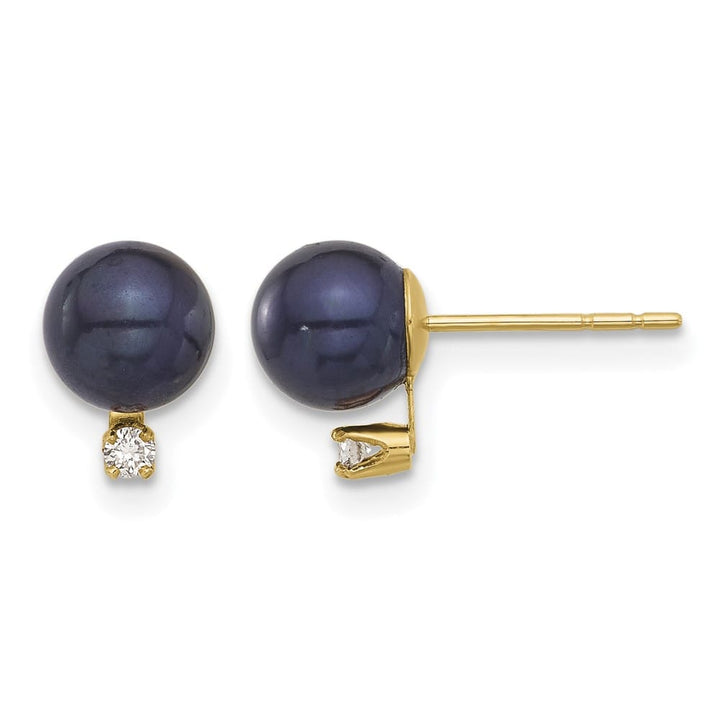 14K Yellow Gold 6-7mm Black Round Freshwater Pearl and .06 Earrings