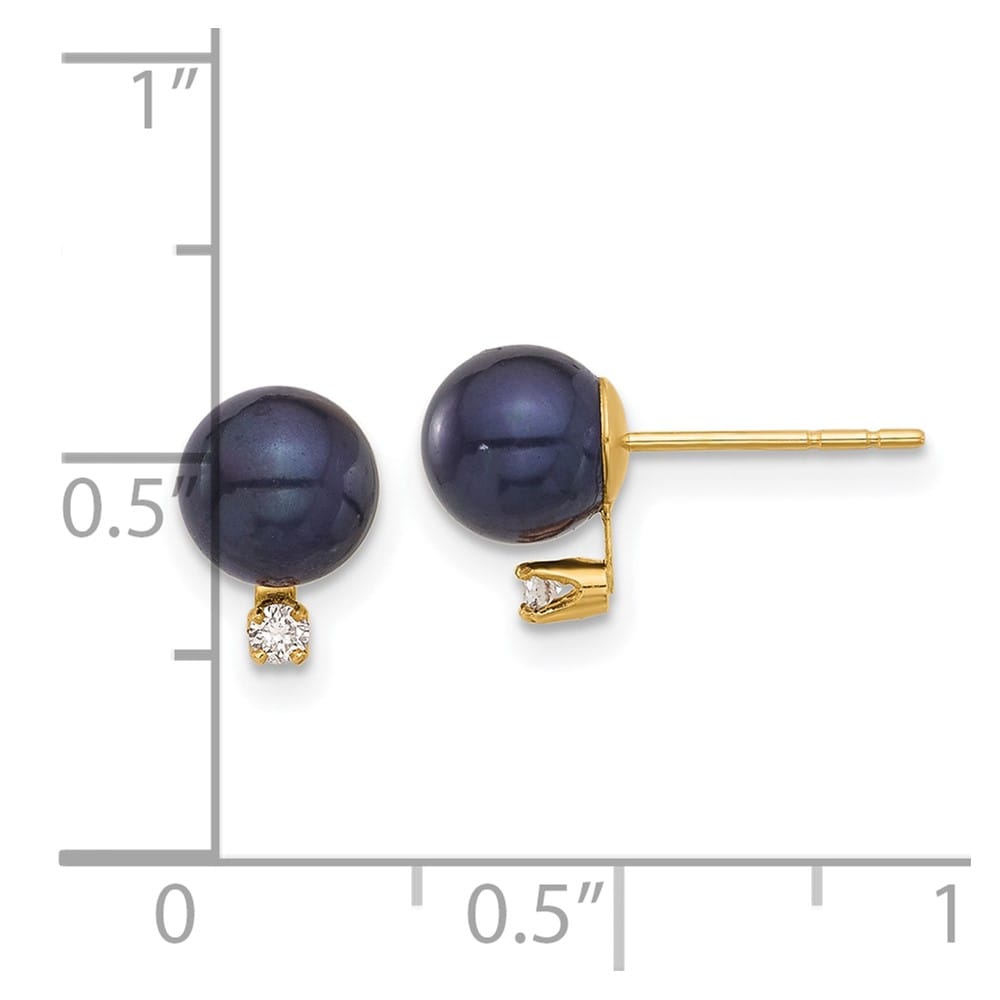 14K Yellow Gold 6-7mm Black Round Freshwater Pearl and .06 Earrings