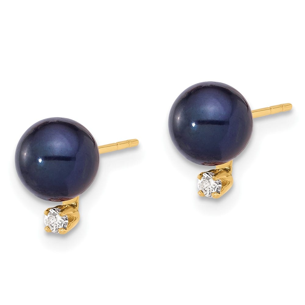 14K Yellow Gold 6-7mm Black Round Freshwater Pearl and .06 Earrings