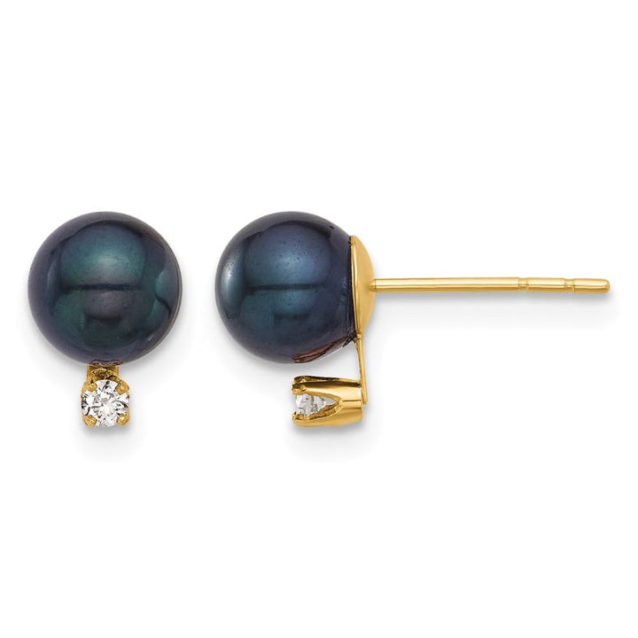 14K Yellow Gold 6-7mm Black Round Pearl Carat Diamond Post Earrings, view 1 of 4