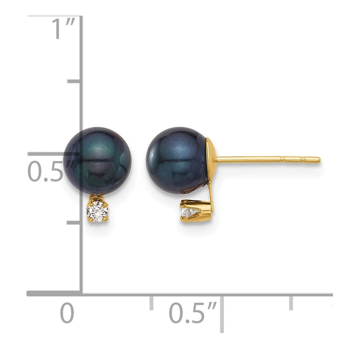 14K Yellow Gold 6-7mm Black Round Pearl Carat Diamond Post Earrings, view 4 of 4