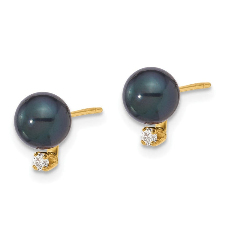 14K Yellow Gold 6-7mm Black Round Pearl Carat Diamond Post Earrings, view 2 of 4