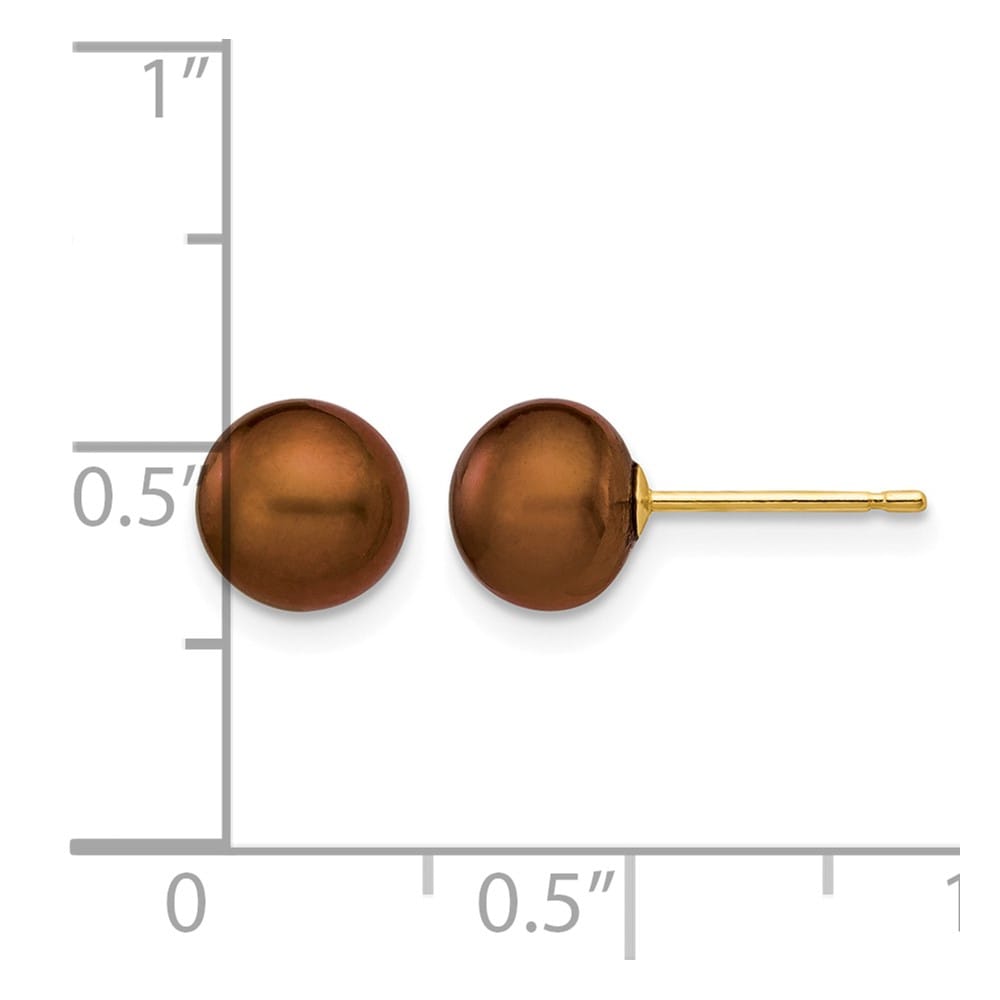 14K Yellow Gold 6-7mm Brown Button Freshwater Pearl Stud Post Earrings