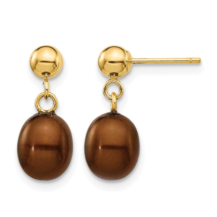 14K Yellow Gold 6-7mm Brown Rice Freshwater Pearl Dangle Post Earrings