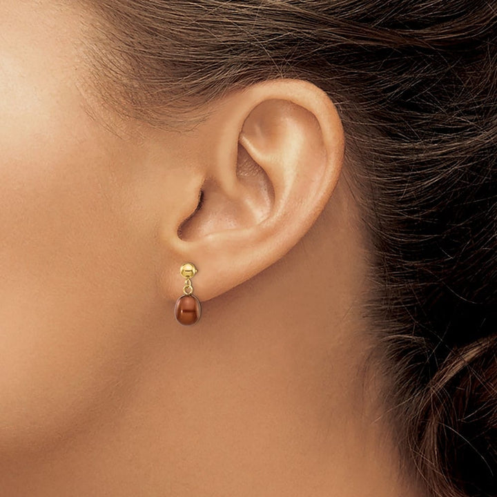 14K Yellow Gold 6-7mm Brown Rice Freshwater Pearl Dangle Post Earrings
