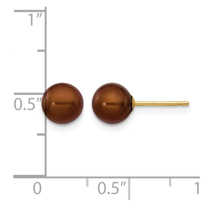 14K Yellow Gold 6-7mm Brown Round Freshwater Pearl Stud Post Earrings, view 4 of 4