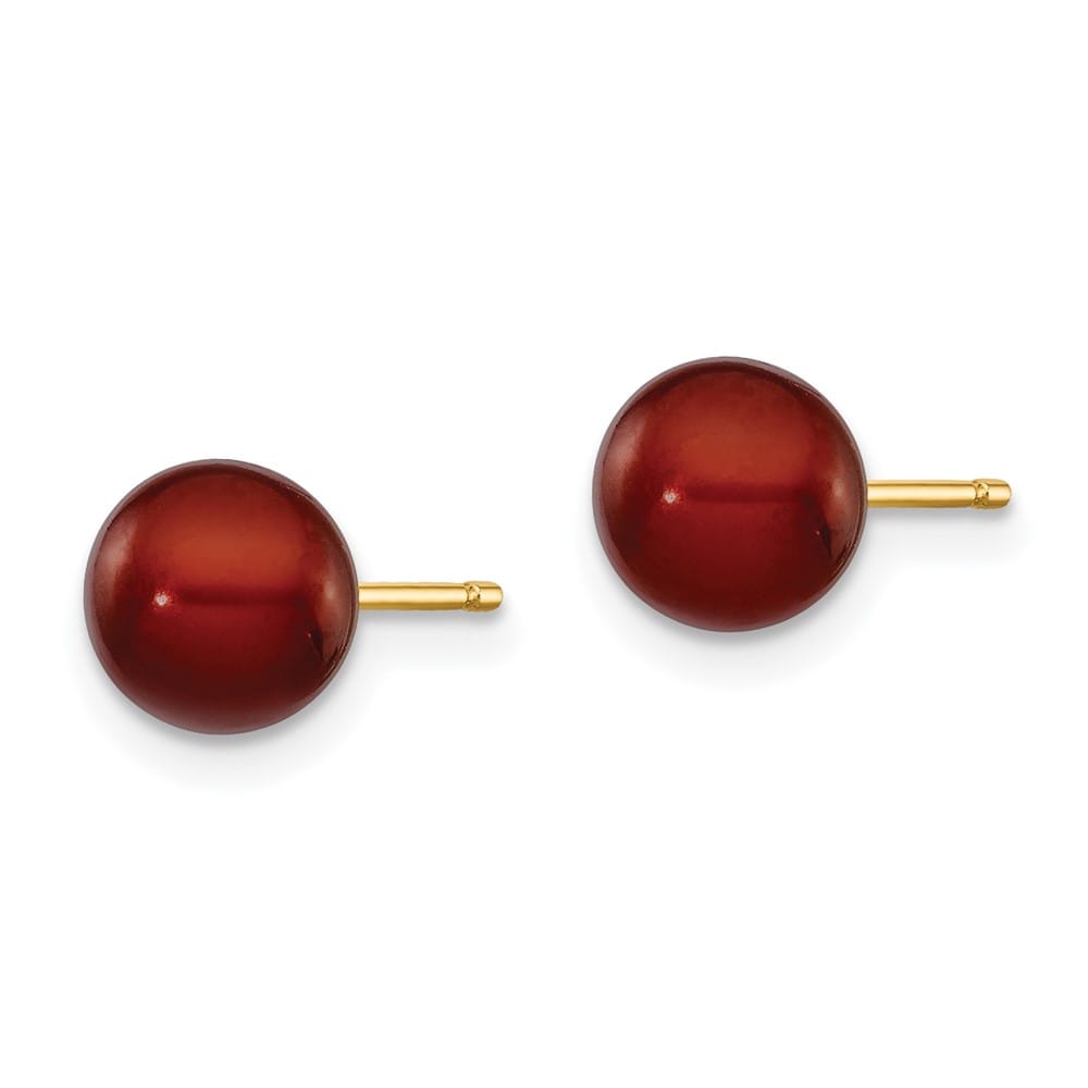 14K Yellow Gold 6-7mm Brown Round Freshwater Pearl Stud Post Earrings, view 2 of 4