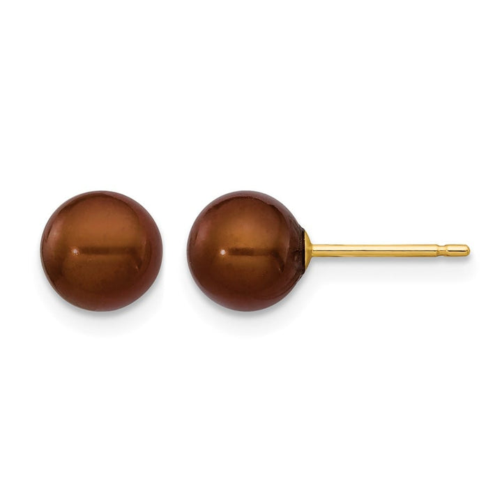 14K Yellow Gold 6-7mm Brown Round Freshwater Pearl Stud Post Earrings, view 1 of 4