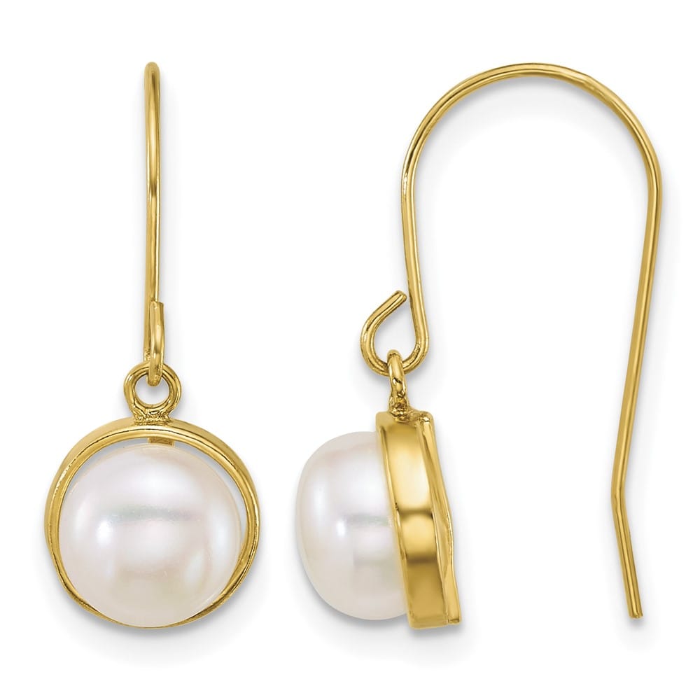 14K Yellow Gold 6-7mm Button White Freshwater Pearl Dangle Earrings