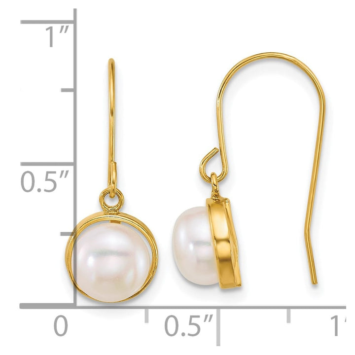 14K Yellow Gold 6-7mm Button White Freshwater Pearl Dangle Earrings
