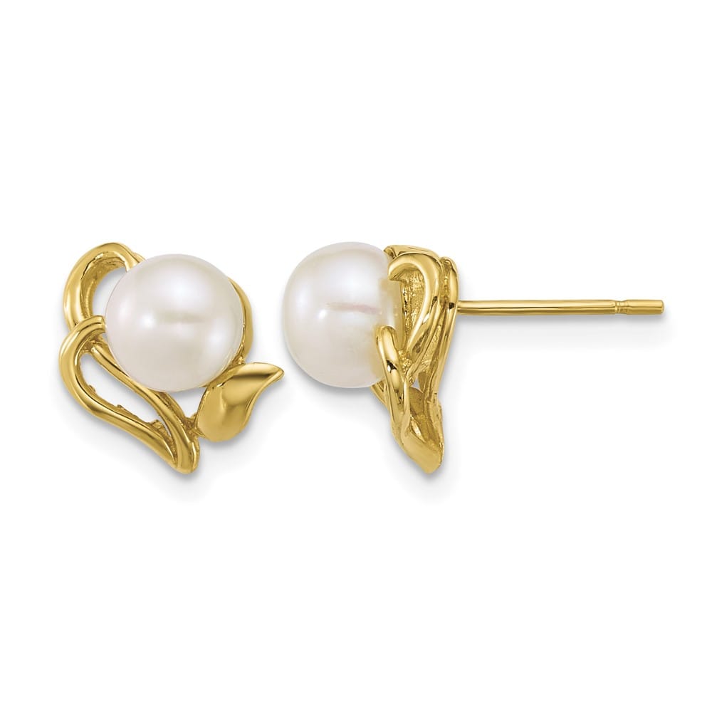 14K Yellow Gold 6-7mm Button White Freshwater Pearl Flower Earrings
