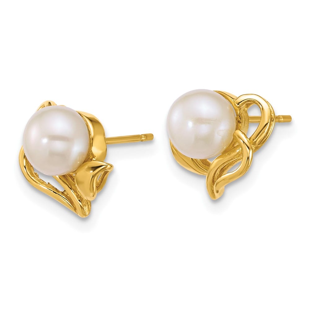14K Yellow Gold 6-7mm Button White Freshwater Pearl Flower Earrings
