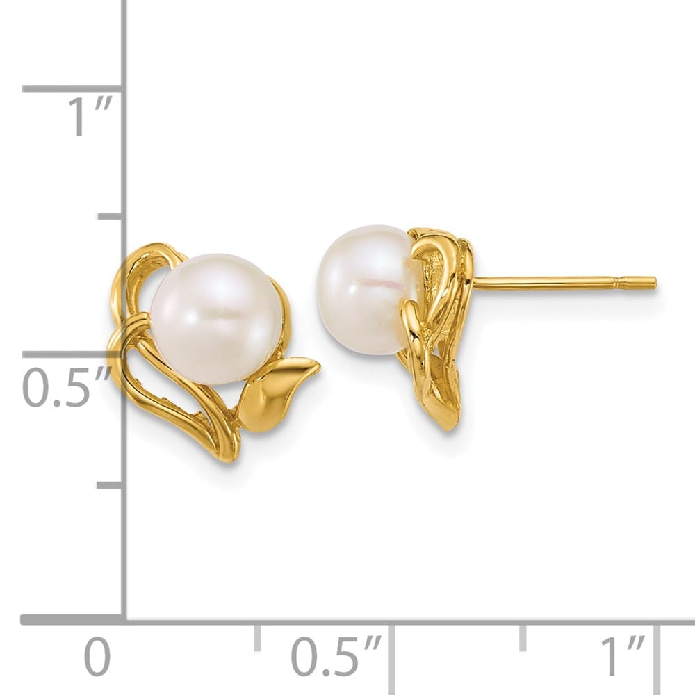 14K Yellow Gold 6-7mm Button White Freshwater Pearl Flower Earrings