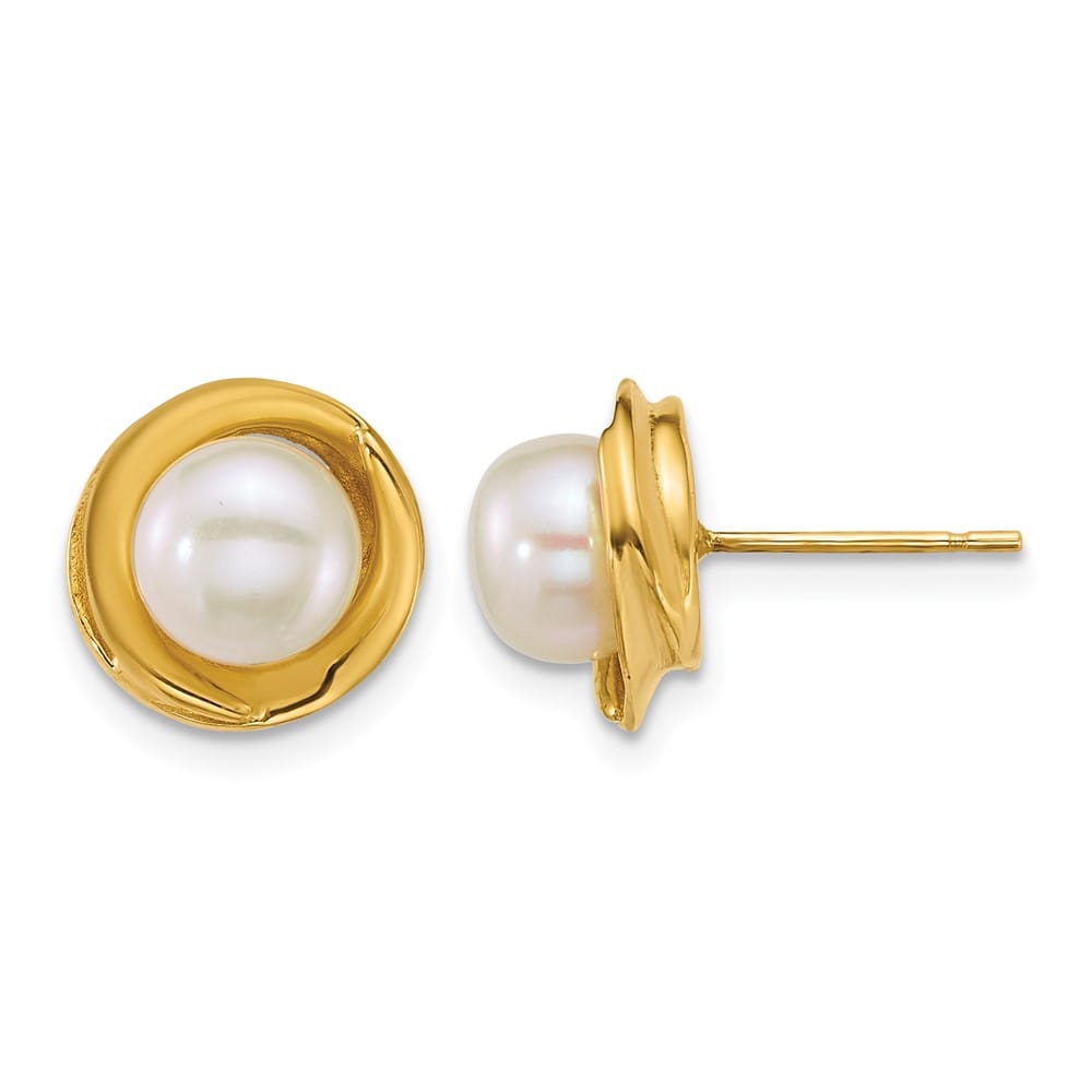 14K Yellow Gold 6-7mm Button White Freshwater Pearl Post Earrings