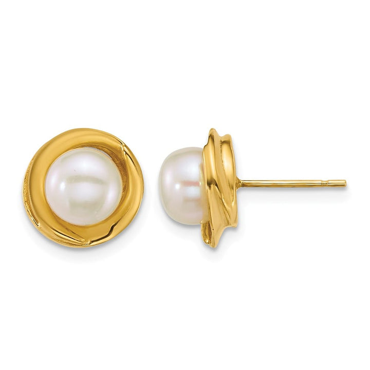 14K Yellow Gold 6-7mm Button White Freshwater Pearl Post Earrings