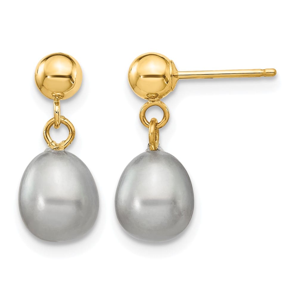 14K Yellow Gold 6-7mm Grey Rice Freshwater Pearl Dangle Post Earrings