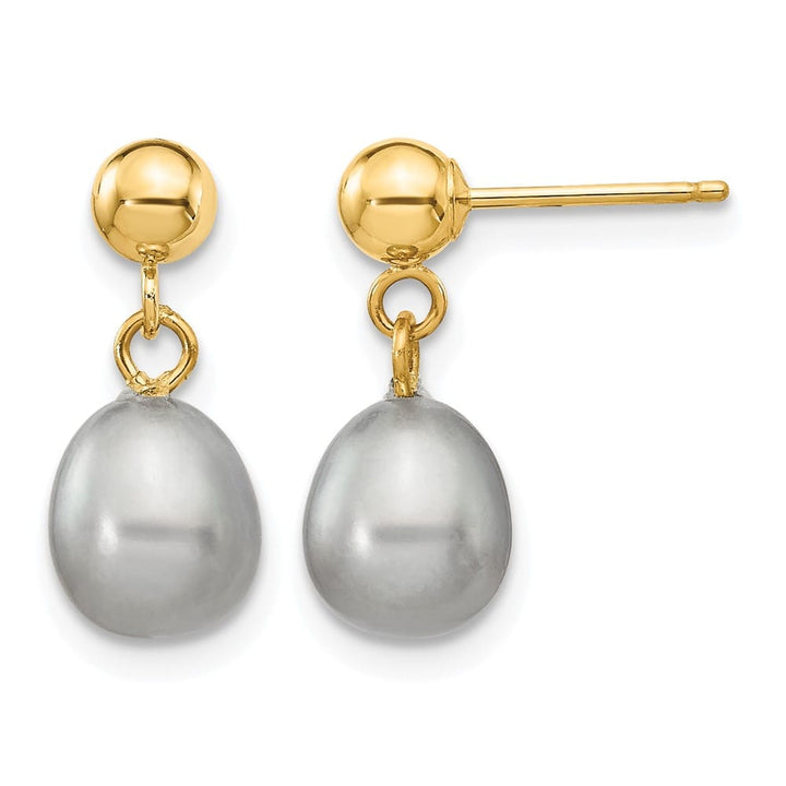 14K Yellow Gold 6-7mm Grey Rice Freshwater Pearl Dangle Post Earrings