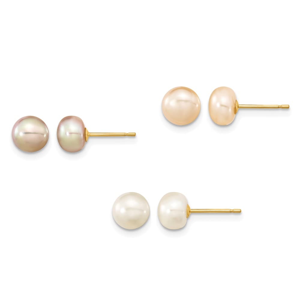 14K Yellow Gold 6-7mm Multicolor Button Freshwater Pearl Boxed 3 Pair