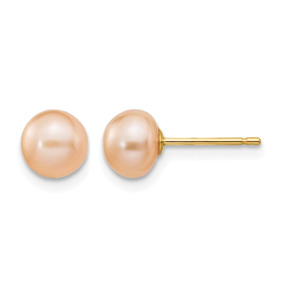 14K Yellow Gold 6-7mm Pink Button Freshwater Pearl Stud Post Earrings
