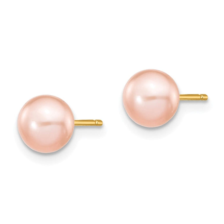 14K Yellow Gold 6-7mm Pink Button Freshwater Pearl Stud Post Earrings