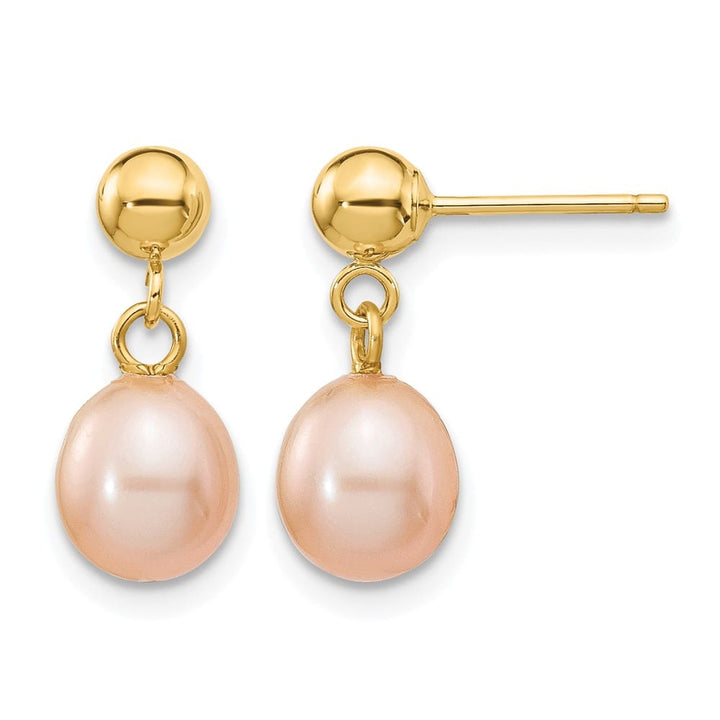 14K Yellow Gold 6-7mm Pink Rice Freshwater Pearl Dangle Post Earrings