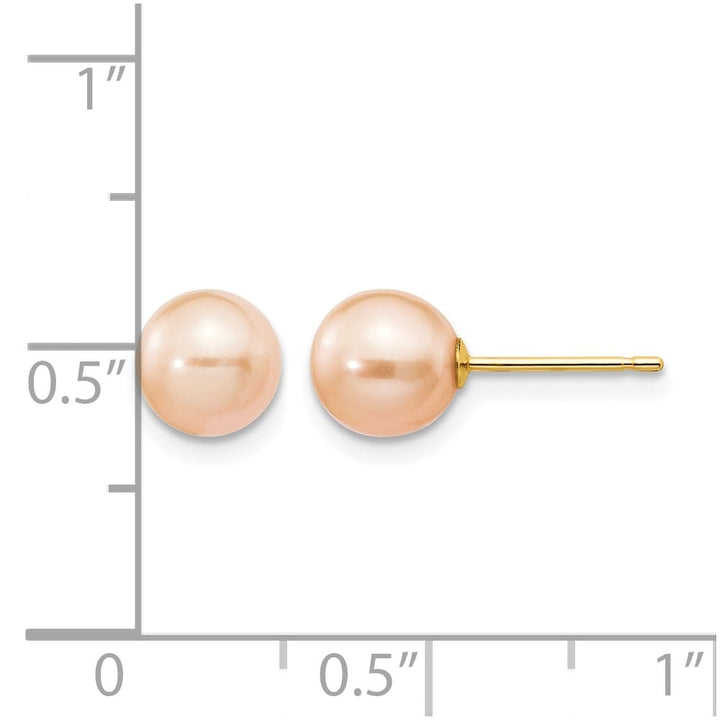 14K Yellow Gold 6-7mm Pink Round Freshwater Pearl Stud Post Earrings, view 4 of 4