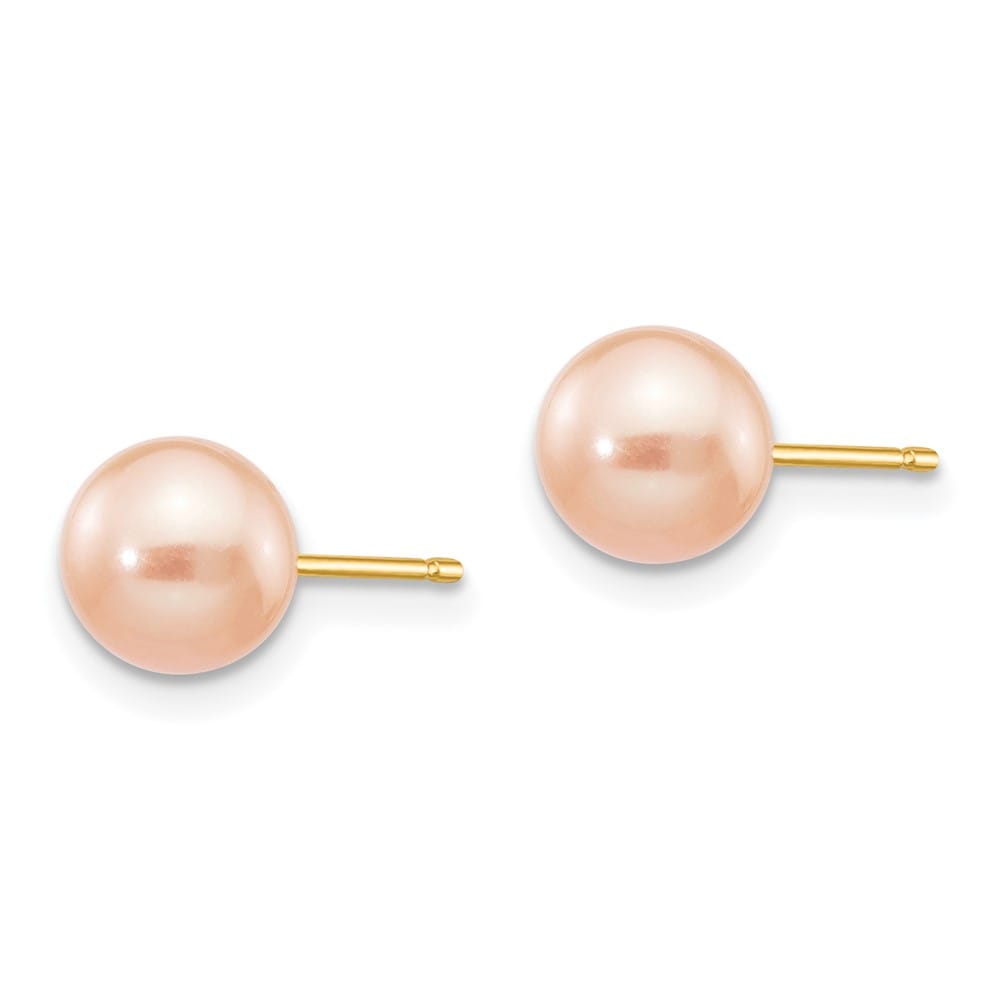 14K Yellow Gold 6-7mm Pink Round Freshwater Pearl Stud Post Earrings, view 2 of 4